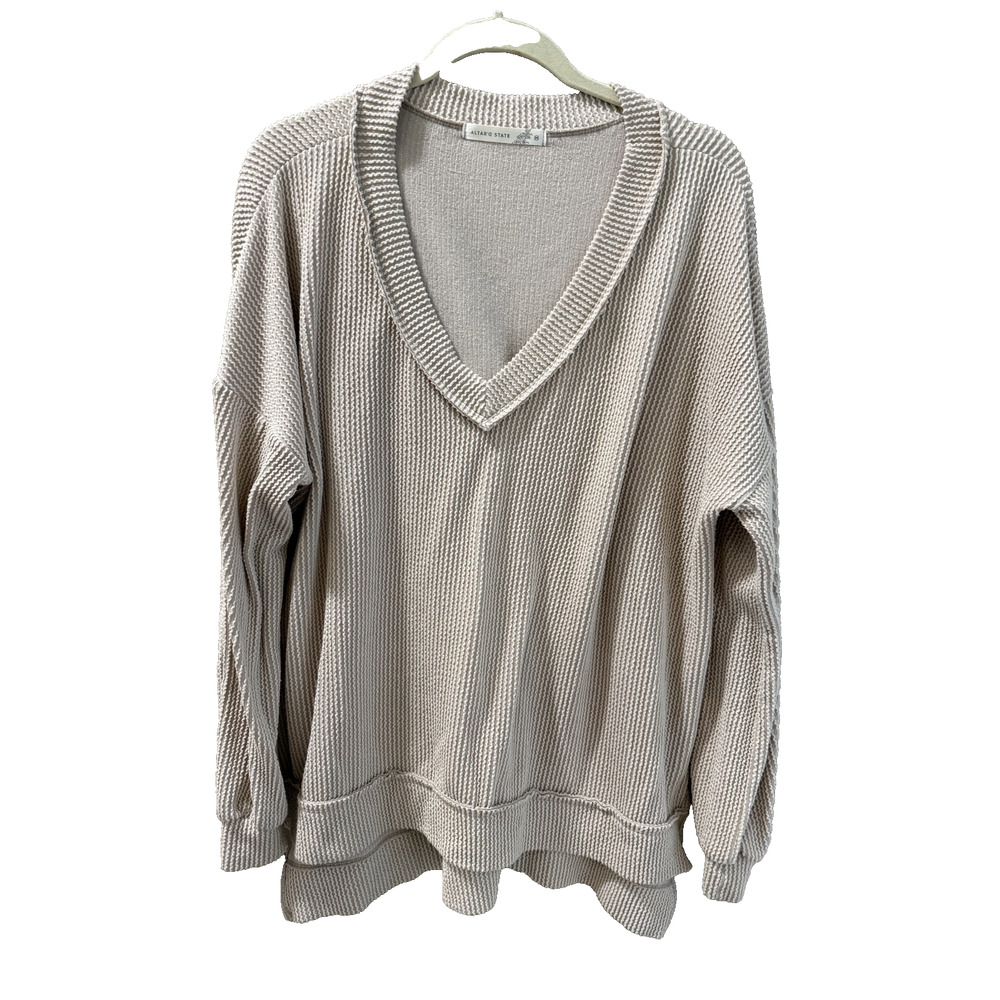 Altar'd State Women's M Tan Waffle/Textured V Neck Pullover Casual Oversized